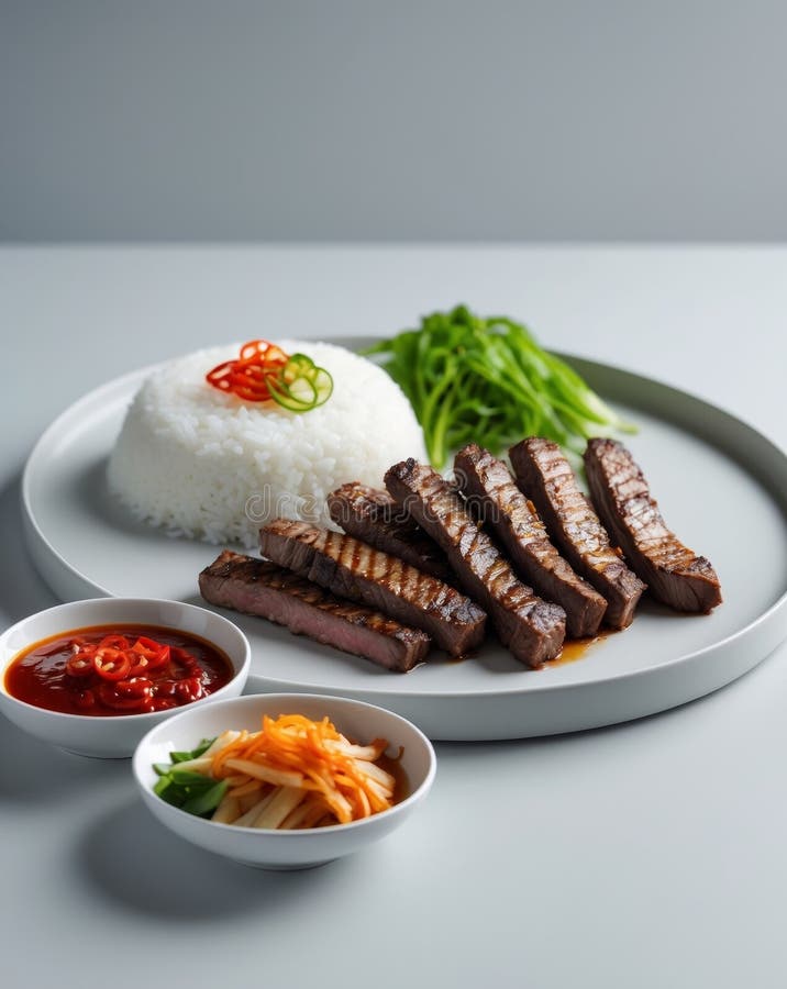 Juicy Grilled Beef Strips with Rice and Spicy Side Dishes Stock Image