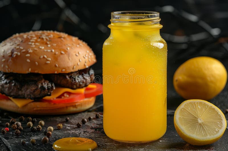 Soczysty Grillowany Burger Z Lemonadą, Czarne Tło. Pyszny Fast Food. Smaczny Hamburger royalty ilustracja