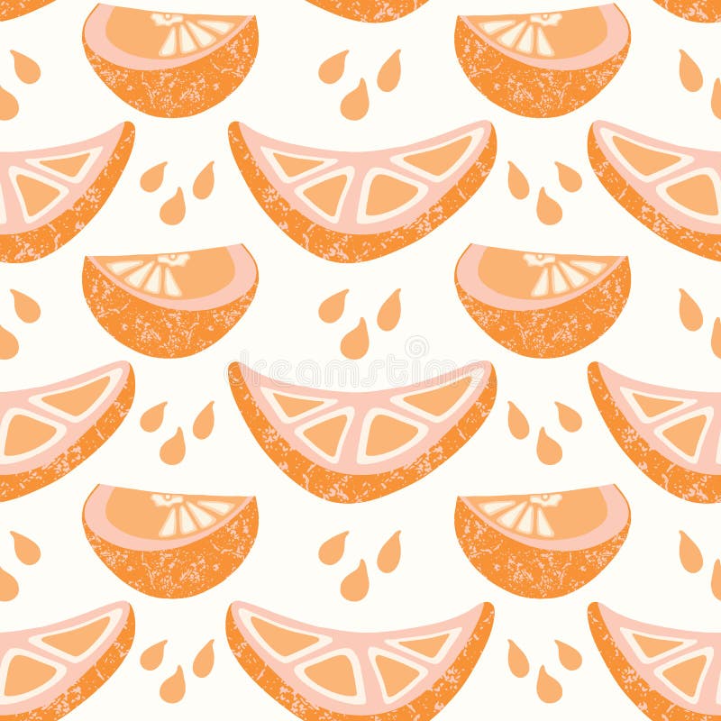 Juicy orange citrus fruit segment slicwith splash drops. Hand drawn seamless pattern illustration. Fresh tropical juice cross section slice for healthy vitamin food background