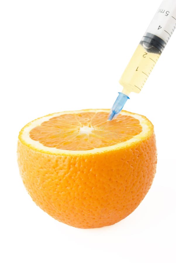 New Syringe With Orange Cap Isolated On White. Injection Stock Photo