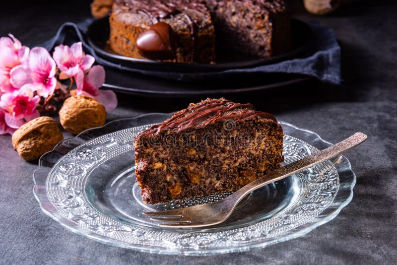 Juicy Poppy Seed Cake with Apples and Chocolate Glaze Stock Image