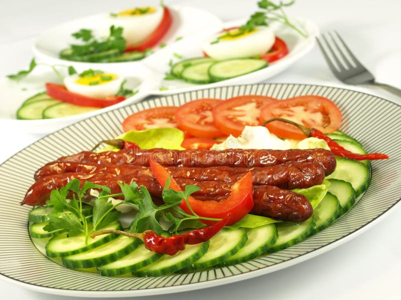 Juicy Roasted Sausages with Crispy Vegetables Stock Photo Image of