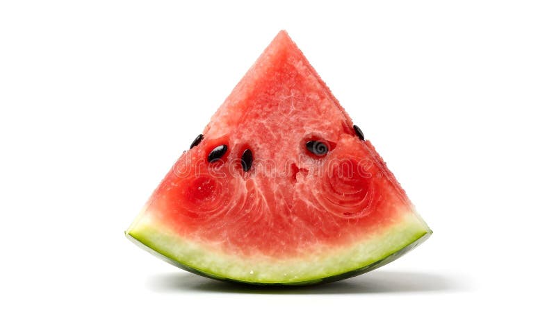 A refreshing triangular piece of watermelon, showcasing its vibrant red flesh and dark seeds, isolated on a clean white surface. Triangular cut watermelon stock images, royalty-free photos and pictures
