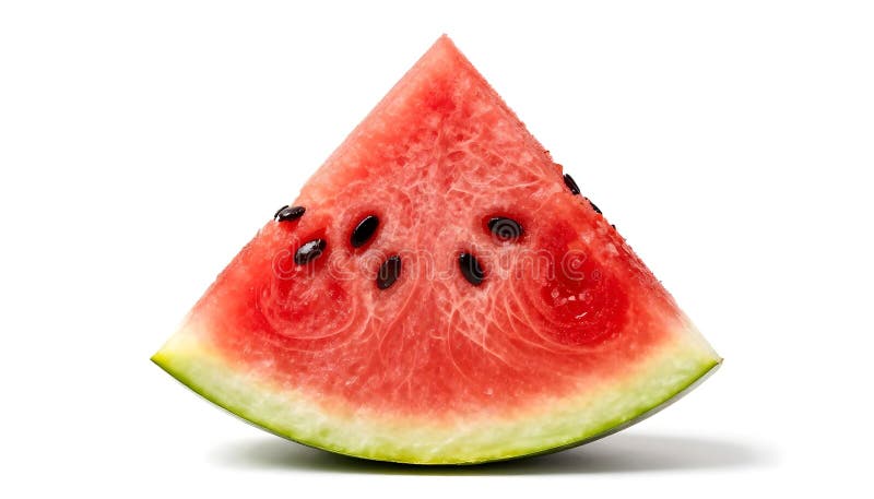A refreshing triangular slice of ripe watermelon, showcasing its vibrant red flesh, dark seeds, and crisp green rind, isolated on a clean white backdrop. Triangular cut watermelon stock images, royalty-free photos and pictures