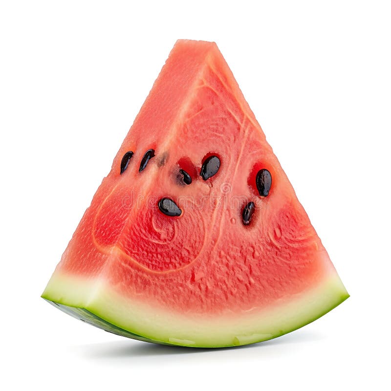 This image displays a single, triangular slice of watermelon showcasing its vibrant red interior speckled with small black seeds. The outer rind is a pale green, and the cut surface reveals the juicy, hydrating texture typical of ripe watermelon. Triangular cut watermelon stock images, royalty-free photos and pictures