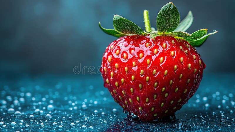 Juicy Strawberry Macro Shot. Eine glitzernde reife Erdbeere sitzt auf einer dunklen Teeloberfläche, die mit Wassertröpfchen bedeckt ist. Das kräftige Rot der Erdbeere kontrastiert wunderschön mit dem dunklen Hintergrund, der die saftige Textur und das frische Aussehen hervorhebt. Das Bild ist scharf fokussiert und zeigt die Details der Erdbeersamen