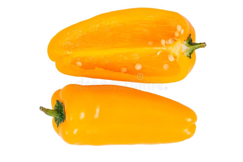 Juicy yellow bulgarian pepper or bell mini pepper, whole and cut half with seeds, isolated on white. Fresh vegetable, healthy food