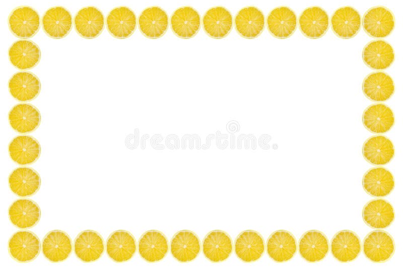 Juicy yellow slice of lemon fruit pattern background, flat lay with copy space, frame and border