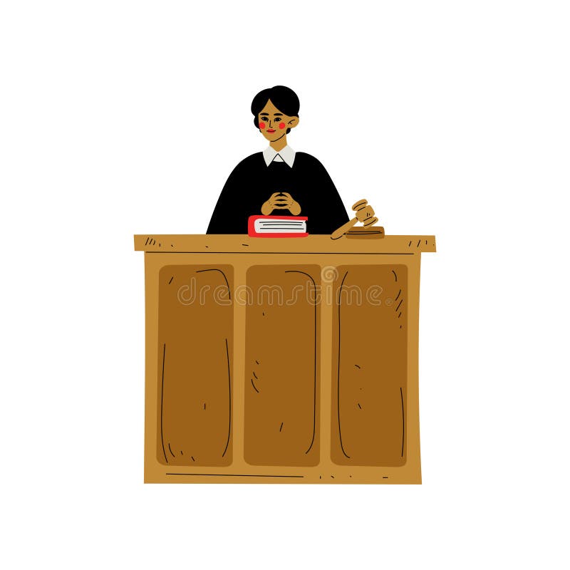 Juiz fêmea Character Presiding sobre o processo na ilustração do vetor do tribunal