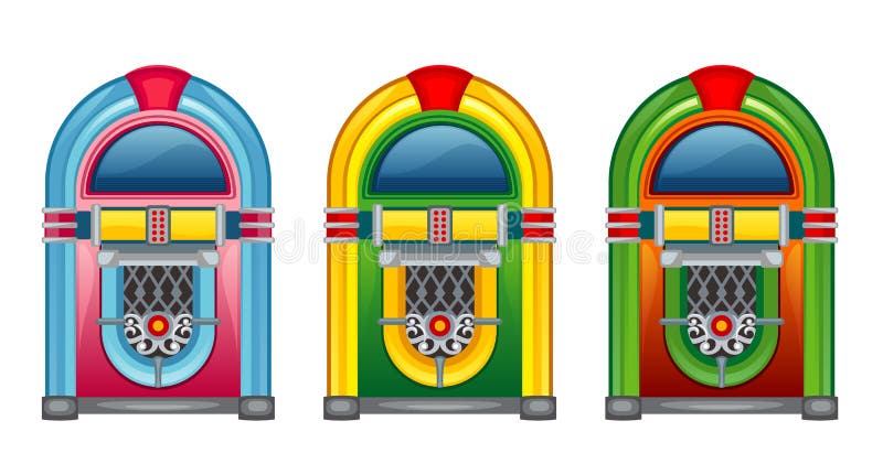 Tres maquina de musica de varios colores.