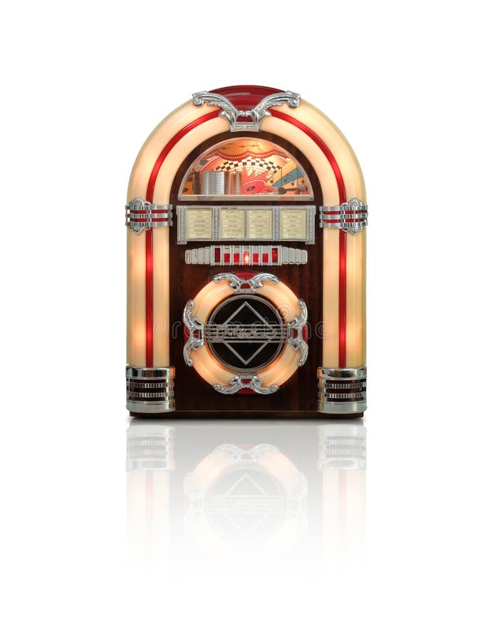 Retro juke box isolated on white background with reflection. Retro juke box isolated on white background with reflection