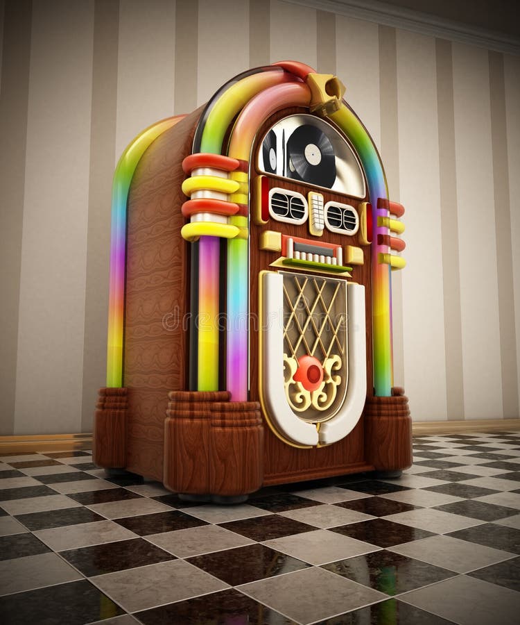 Jukebox standing on checkers ground next to the wall. 3D illustration stock illustration Jukebox standing on checkers ground next to the wall. 3D illustration stock illustration