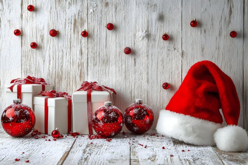 Jul - livet : Festive Gifts Ornaments och Santa Hat mot en vit träbakgrund stock illustrationer