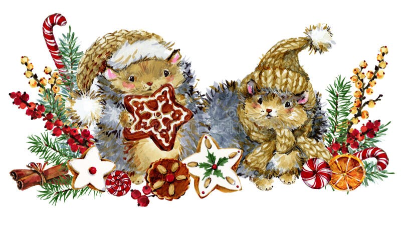Jul med skogsdjur vintersemester söt hedgehog vattenfärgsillustration i teckningsstil vektor illustrationer