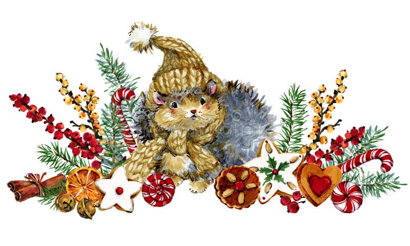 Jul med skogsdjur vintersemester söt hedgehog vattenfärgsillustration i teckningsstil vektor illustrationer