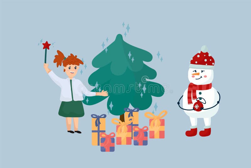Jul och nytt år med ett julgransträd och söta djur. vinteraffisch med en snöman och barn som dekorerar en stock illustrationer