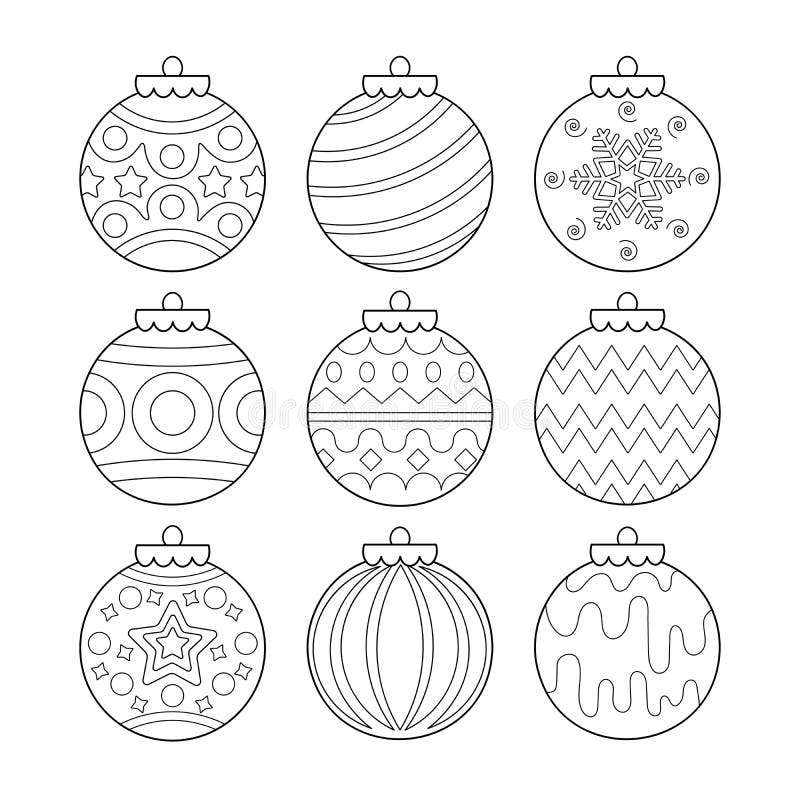 Jul och nyårskaldekorationer prydnadsföremål uppsättning kulor färgsida svart och vit isolerad på vit bakgrund royaltyfri illustrationer