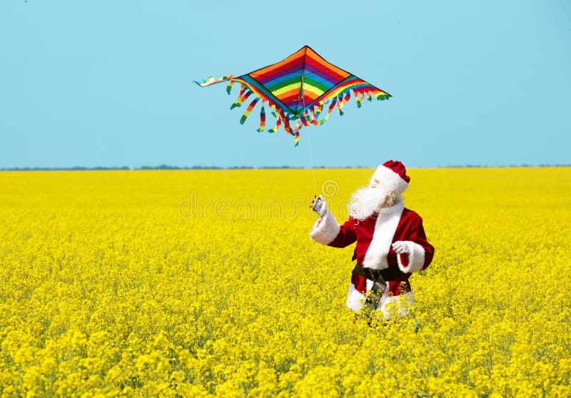 Jul Santa Claus att kasta en drake, i att blomma det gula fältet royaltyfri bild