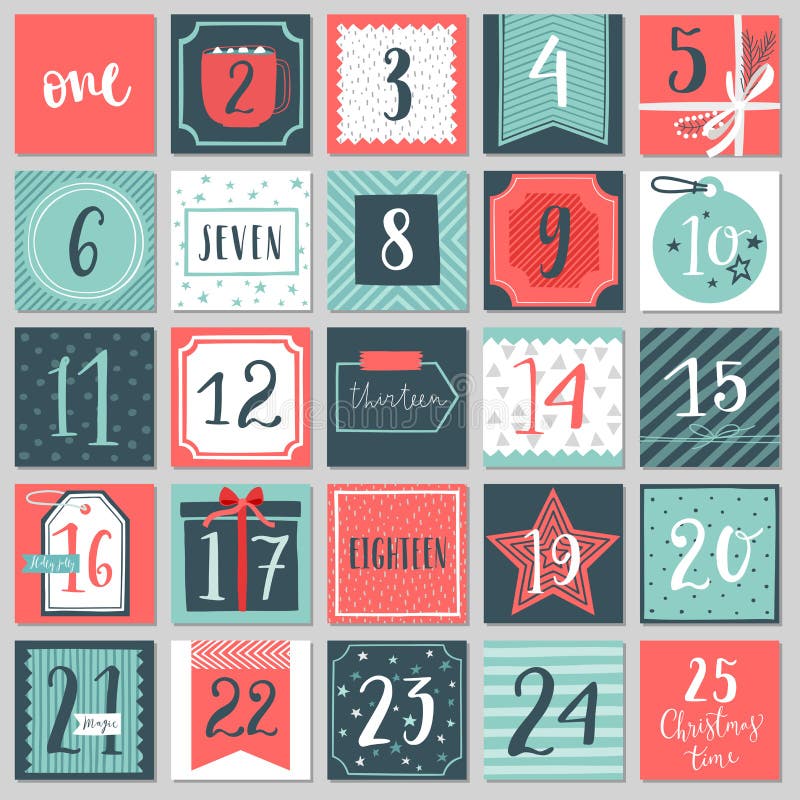 Juladventkalender, hand dragen stil stock illustrationer Juladventkalender, hand dragen stil stock illustrationer