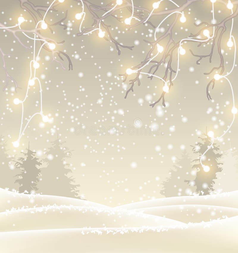 Julbakgrund i sepiasignalen, vinterlandskap med små elljus, illustration