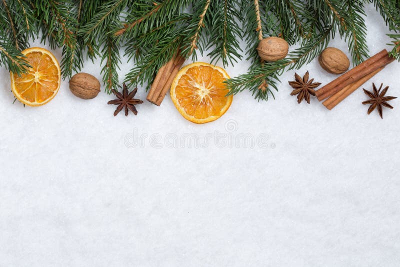 Julbakgrund med gran förgrena sig, apelsinfrukter och snö arkivbild