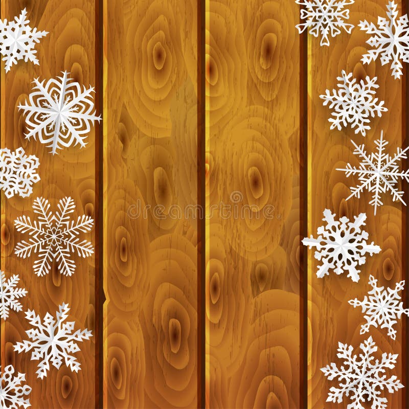 Julbakgrund med pappers- snöflingor på träplankor