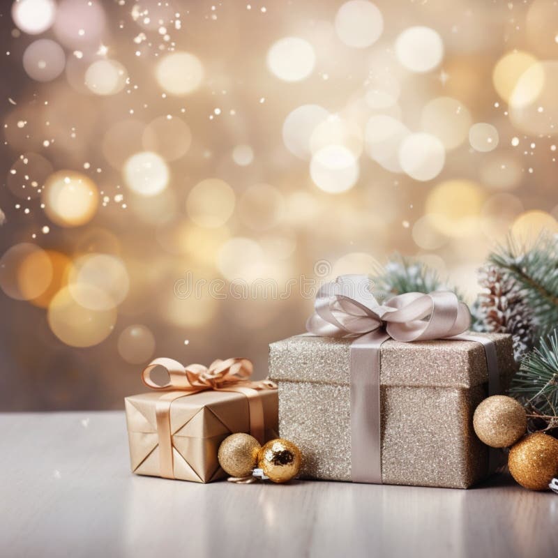 Julbakgrundsdekorationer, julklappar, presentboxar med gyllene färger generativeai stock illustrationer