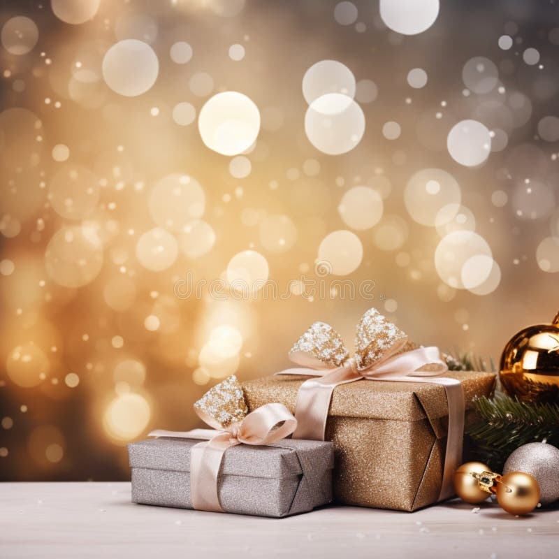 Julbakgrundsdekorationer, julklappar, presentboxar med gyllene färger generativeai royaltyfri illustrationer