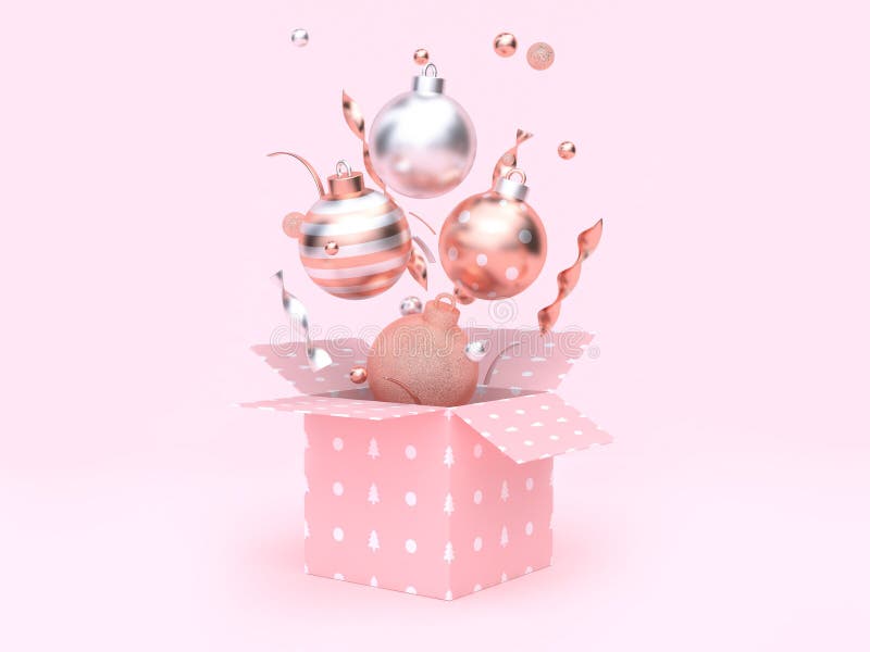 Julboll som svävar gåvaasken som öppnar den rosa tolkningen för bakgrund 3d royaltyfri illustrationer