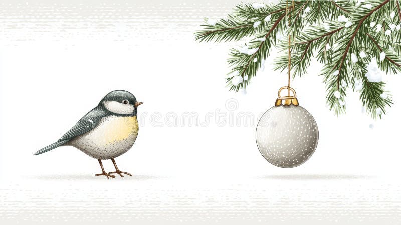 Illustration av en julfink och prydnad. Vinterfågel, julgransgren, snö, prydnad, gåva, som symboliserar fred och glädje. royaltyfri illustrationer