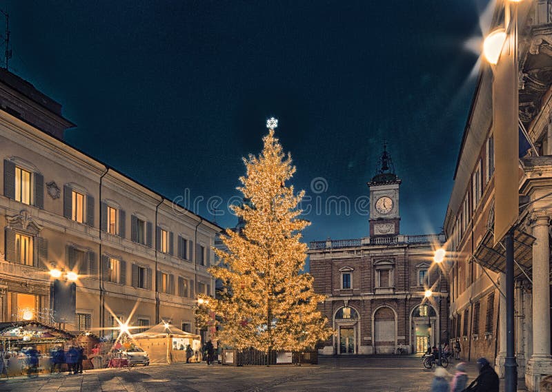 Christmas tree and decorations in city square with Venetian flair in Ravenna, Italy. Christmas tree and decorations in city square with Venetian flair in Ravenna, Italy