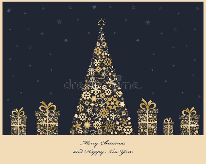 Crisrmas tree with cristmas gift boxes from golden snowflakes. Christmas decorations. Vector. Crisrmas tree with cristmas gift boxes from golden snowflakes. Christmas decorations. Vector