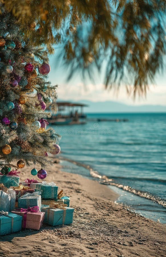 Julgran med presenter står på sandstrand under vacker solig dag. Dekorerad julgran med många presentförpackningar står på stranden under en solig dag, firar jul på en tropisk destination. AI genererad
