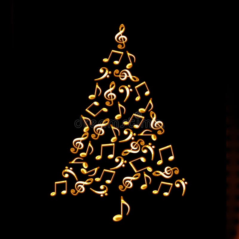 Julgran som göras av skinande guld- musikaliska anmärkningar på svart arkivfoto Julgran som göras av skinande guld- musikaliska anmärkningar på svart arkivfoto