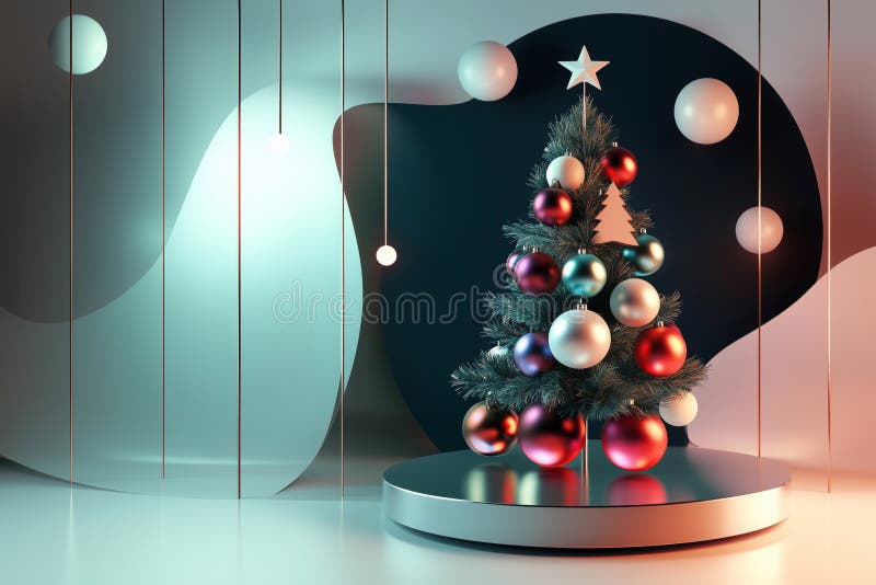 Julgranar som står på ett podium med färgstarka prydnadsföremål och modern minimal bakgrund stock illustrationer