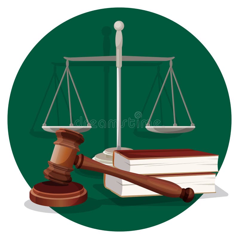Martelo de juiz e escala de cinzentos com dois livros sobre verde ilustração royalty free