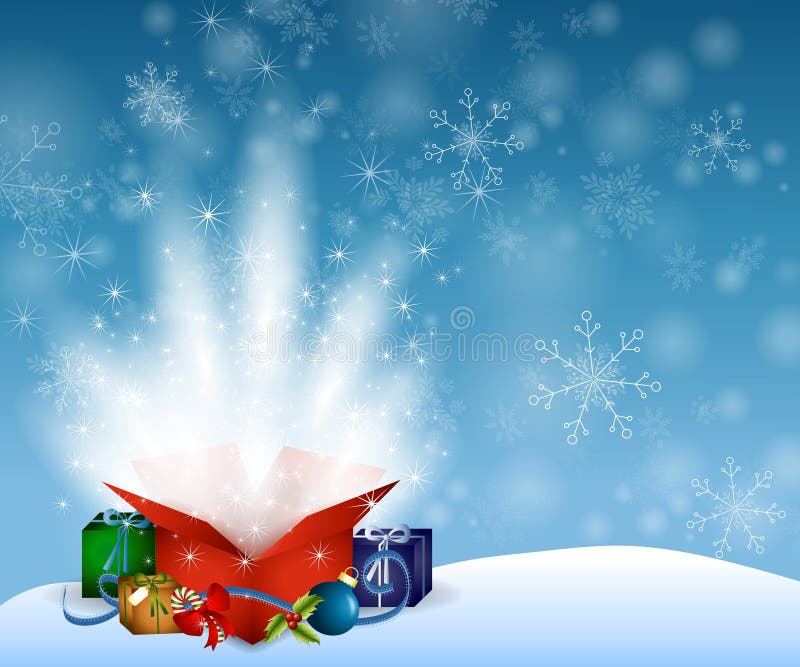 An illustration featuring a gift box opening up and magical light and snow effects coming out to symbolize the magic of Christmas. An illustration featuring a gift box opening up and magical light and snow effects coming out to symbolize the magic of Christmas