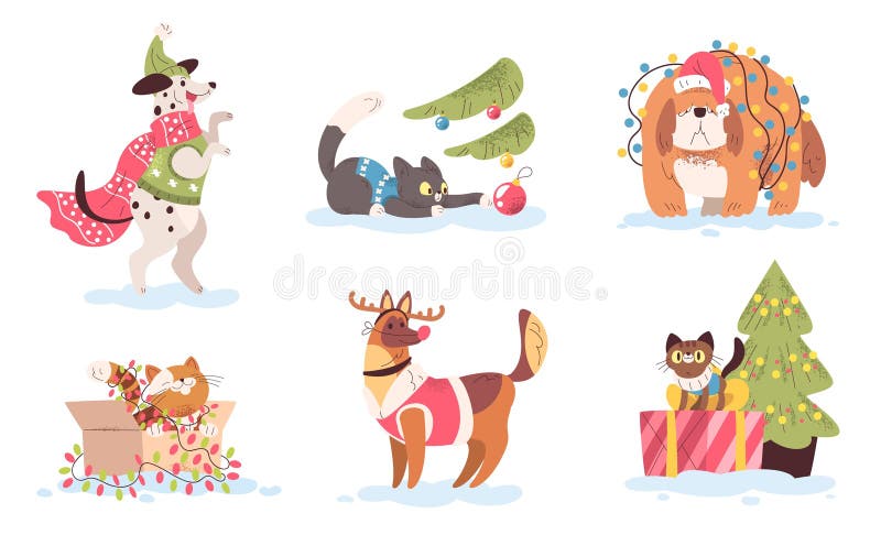 Julhusdjur. Cartoon söt hund vintersemesterdekoration för katt lustigt sällskapsdjur i Santa Costume med festgåva från Merry xmas royaltyfri illustrationer