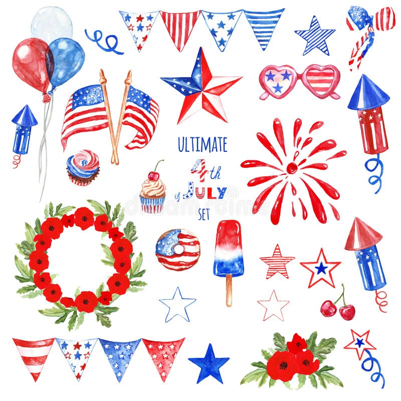 Juli fjärdedelsymboler och beståndsdelar ställde in i blåa, röda och vita färger av USA flaggan som isolerades Patriotisk dekor f arkivfoto Juli fjärdedelsymboler och beståndsdelar ställde in i blåa, röda och vita färger av USA flaggan som isolerades Patriotisk dekor f arkivfoto