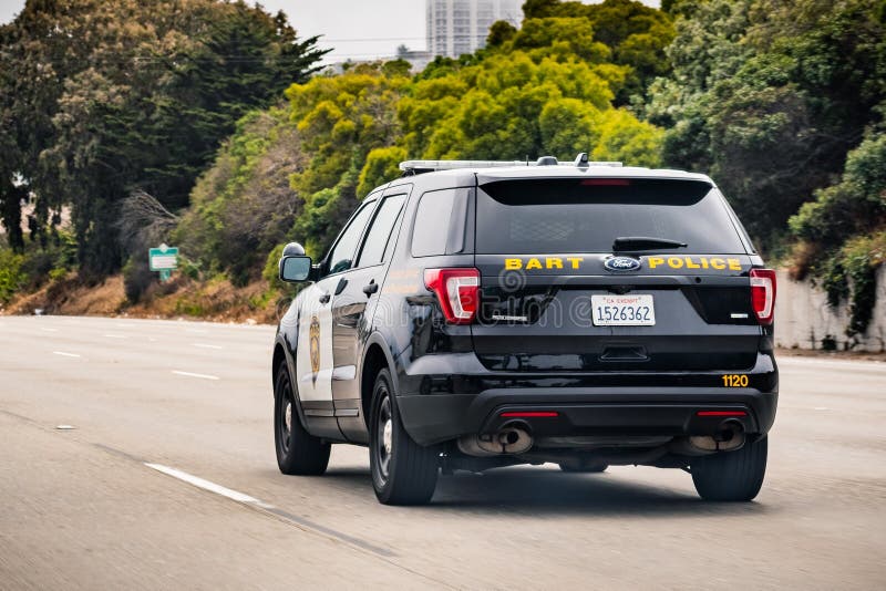 July 4, 2019 San Francisco / CA / USA - BART police vehicle driving on the freeway; BART police is the transit police agency of the BART rail system. July 4, 2019 San Francisco / CA / USA - BART police vehicle driving on the freeway; BART police is the transit police agency of the BART rail system