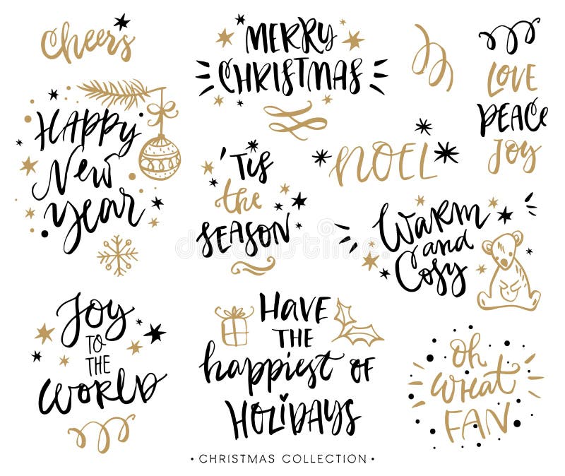 Julkalligrafiuttryck design tecknad elementhand stock illustrationer
