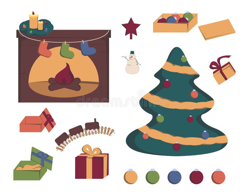 julkamera Uppsättning Xmas och brand, hemdekoration, inredning för firande Platt illustration av vindarvektorn stock illustrationer julkamera Uppsättning Xmas och brand, hemdekoration, inredning för firande Platt illustration av vindarvektorn stock illustrationer