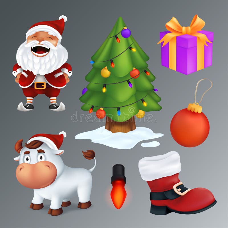 Julklapp innehåller en röd babylåda, kula, vit bull och en symbol för året. vektor stock illustrationer