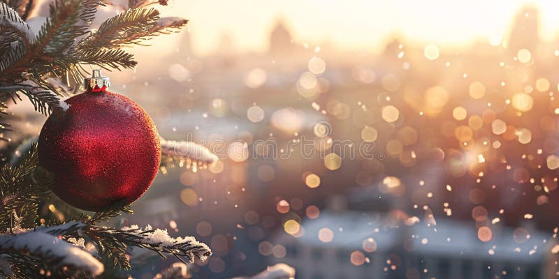 Julklapp med rödbaulig prydnad på snötäckt träd och suddig stad i bakgrunden royaltyfri illustrationer