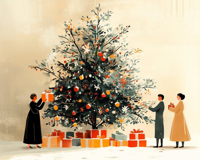 Julklapp utbyter en festlig scen med vänner eller familjemedlemmar som utbyter gåvor runt julgransträd genererade vektor illustrationer