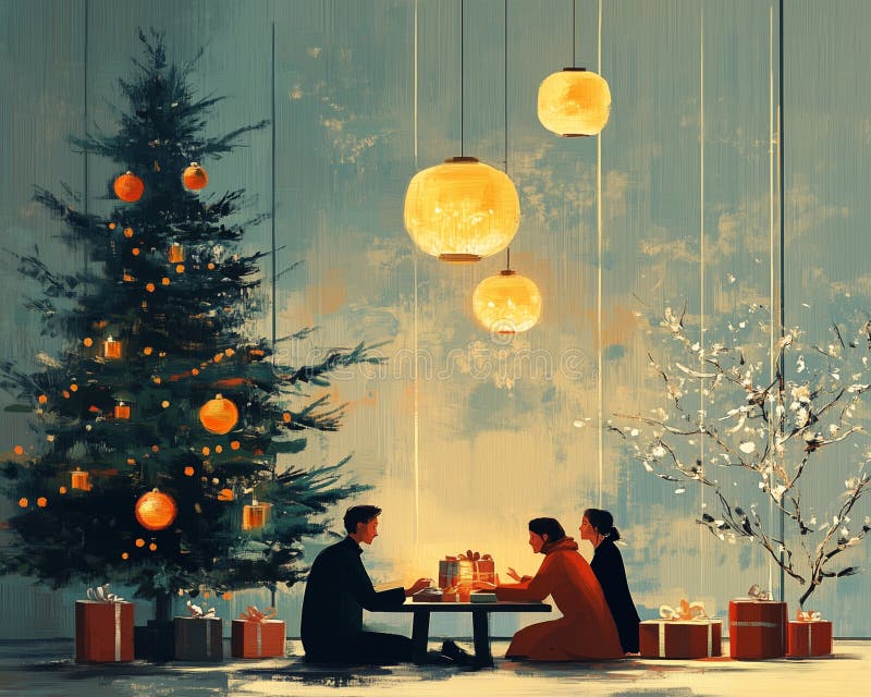 Julklapp utbyter en festlig scen med vänner eller familjemedlemmar som utbyter gåvor runt julgransträd genererade royaltyfri illustrationer
