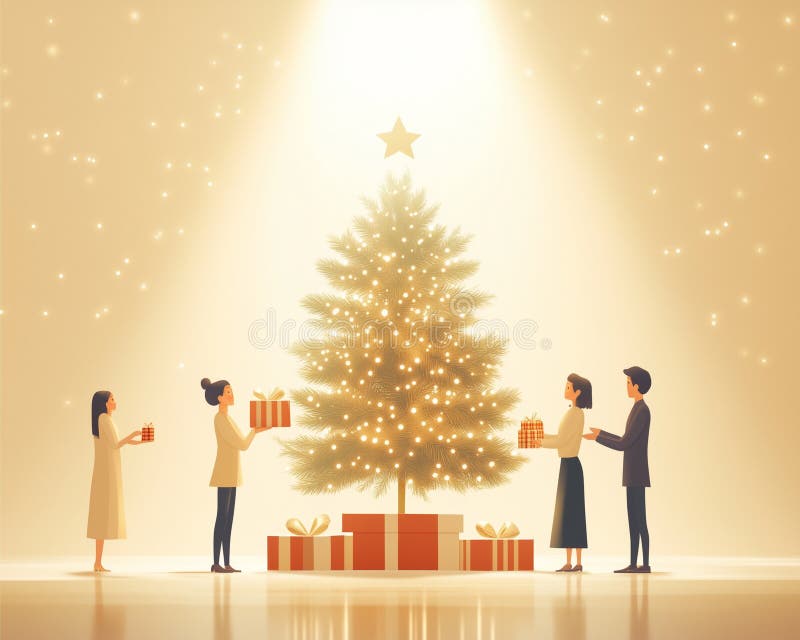 Julklapp utbyter en festlig scen med vänner eller familjemedlemmar som utbyter gåvor runt julgransträd genererade royaltyfri illustrationer
