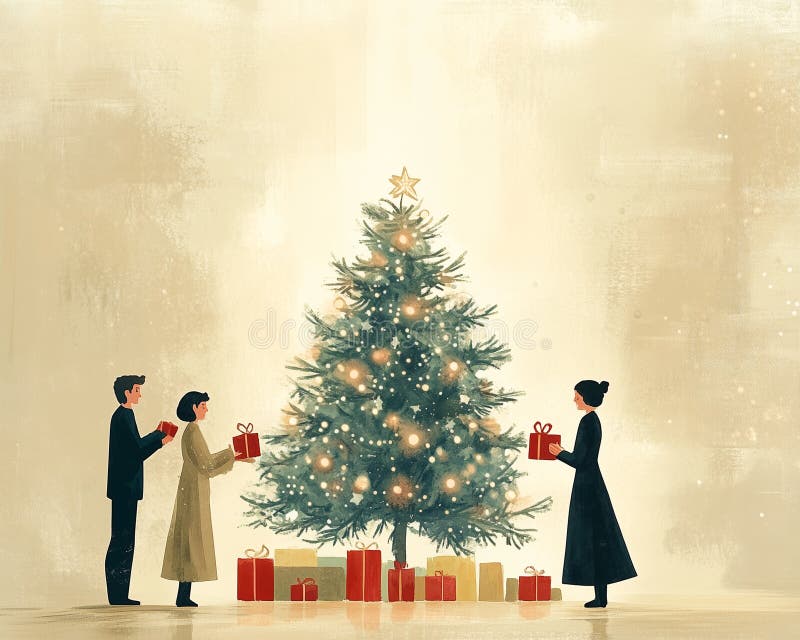Julklapp utbyter en festlig scen med vänner eller familjemedlemmar som utbyter gåvor runt julgransträd genererade vektor illustrationer