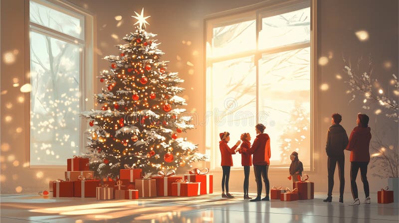 Julklapp utbyter en festlig scen med vänner eller familjemedlemmar som utbyter gåvor runt julgransträd genererade. Julklappsutbyte ndash a festive scen med vänner eller familjemedlemmar som utbyter gåvor runt ett dekorerat julgransträd. formatet är minimalistiskt med mjuka skuggor och varma pastellfärger genereras