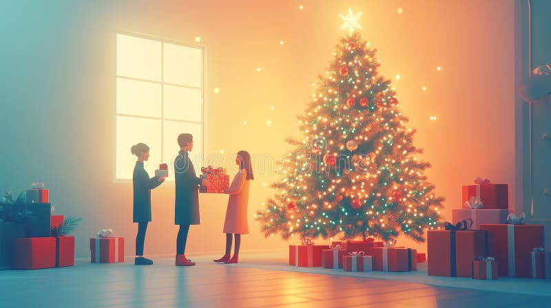 Julklapp utbyter en festlig scen med vänner eller familjemedlemmar som utbyter gåvor runt julgransträd genererade vektor illustrationer